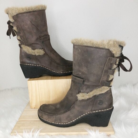 Earth Spirit Daphne Brown Leather Zip Up Faux Fur Trim Wedge Boot Women's Size 7 - Picture 1 of 6